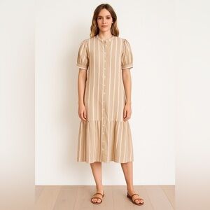 ICHI Striped Puff Sleeve Button-Front Dress - Size 38